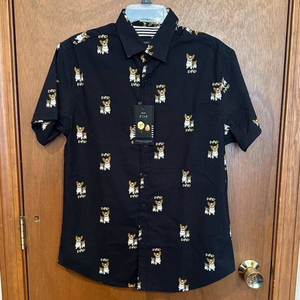Denim & Flower Ricky Singh Corgi‎ DAD Black Shortsleeve Button Up Size Small S